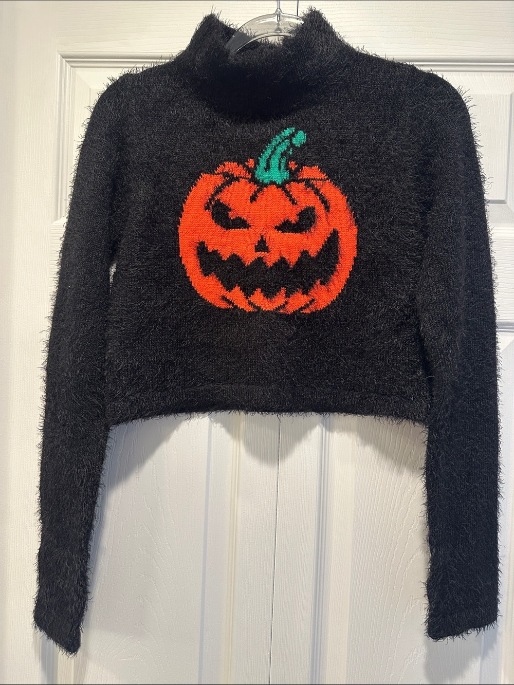 Black Fuzzy Cropped Turtleneck Sweater with Orange Pumpkin Graphic